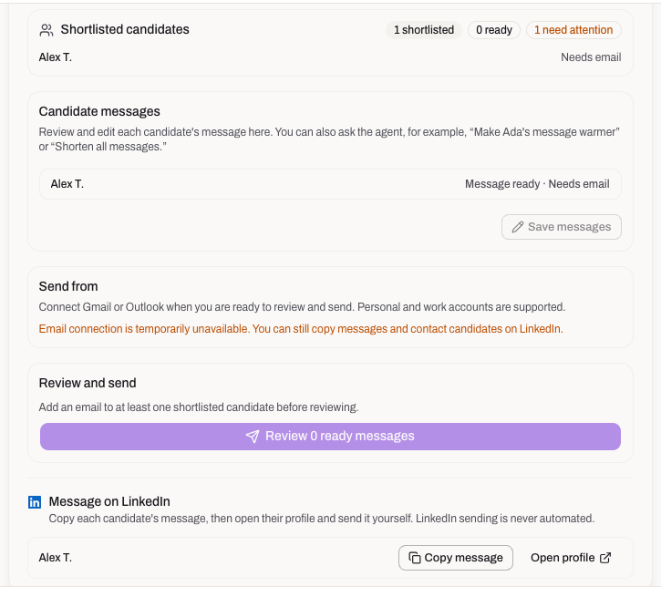 Reviewing personalised outreach emails before sending from a connected inbox