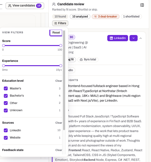 A search sweep scanning thousands of profiles into a ranked shortlist